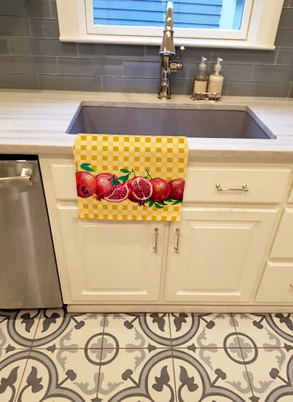 Pomegranates on Basketweave Kitchen Towel Velour Plush Front and Cotton Loop Back Machine Washable