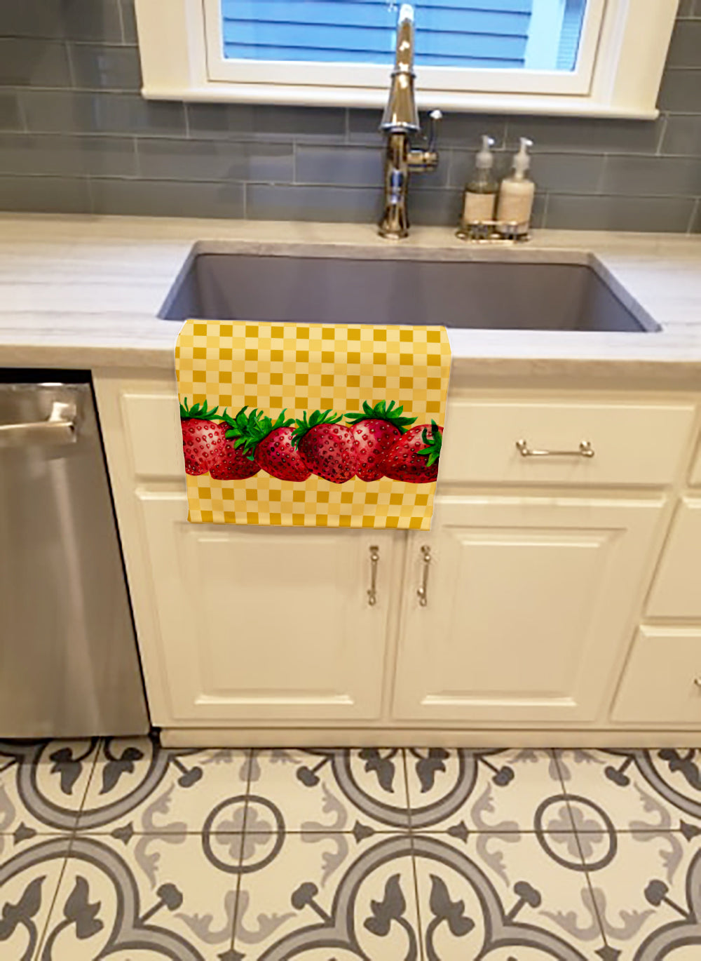 Strawberries on Basketweave Kitchen Towel Velour Plush Front and Cotton Loop Back Machine Washable