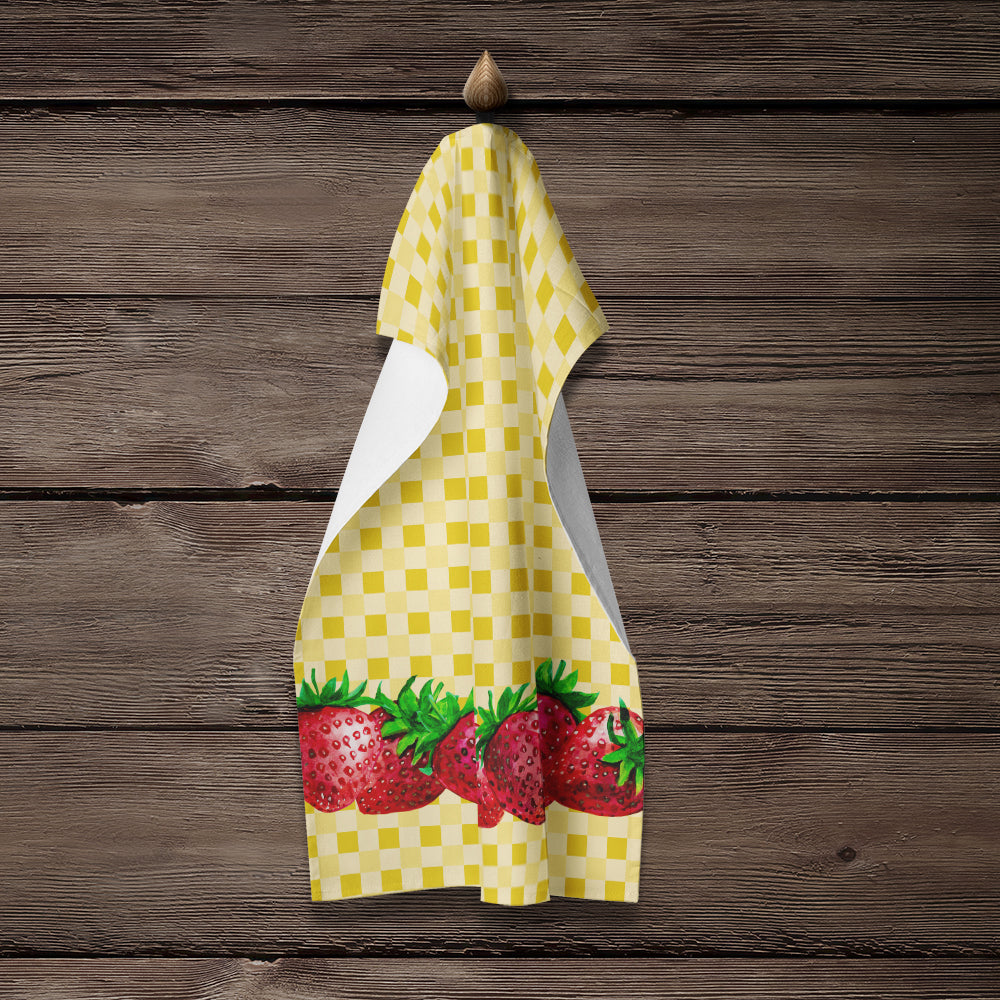Strawberries on Basketweave Kitchen Towel Velour Plush Front and Cotton Loop Back Machine Washable