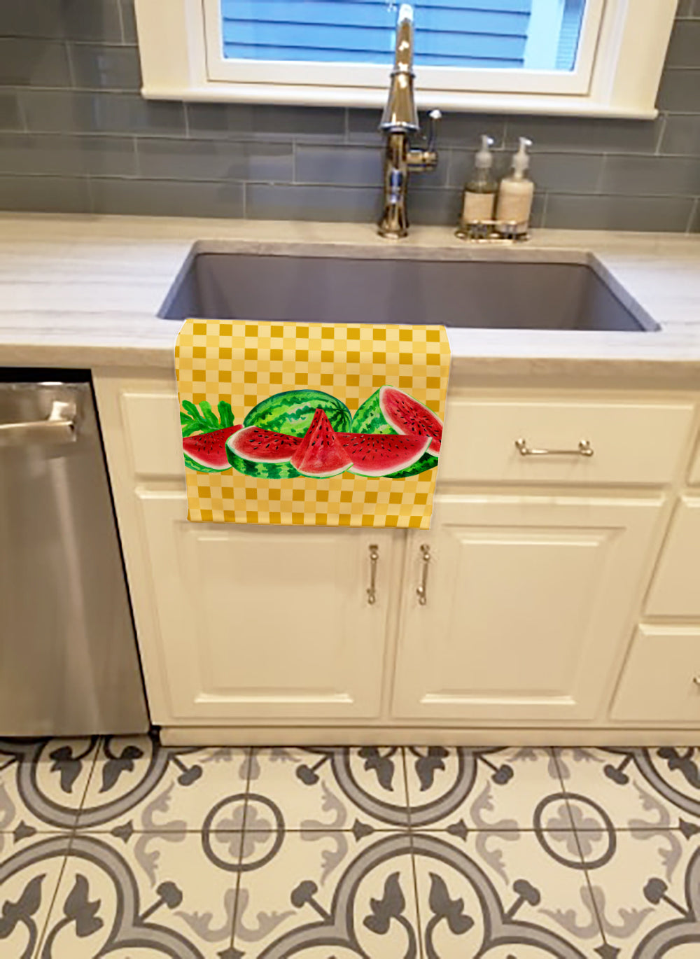 Watermelon on Basketweave Kitchen Towel Velour Plush Front and Cotton Loop Back Machine Washable