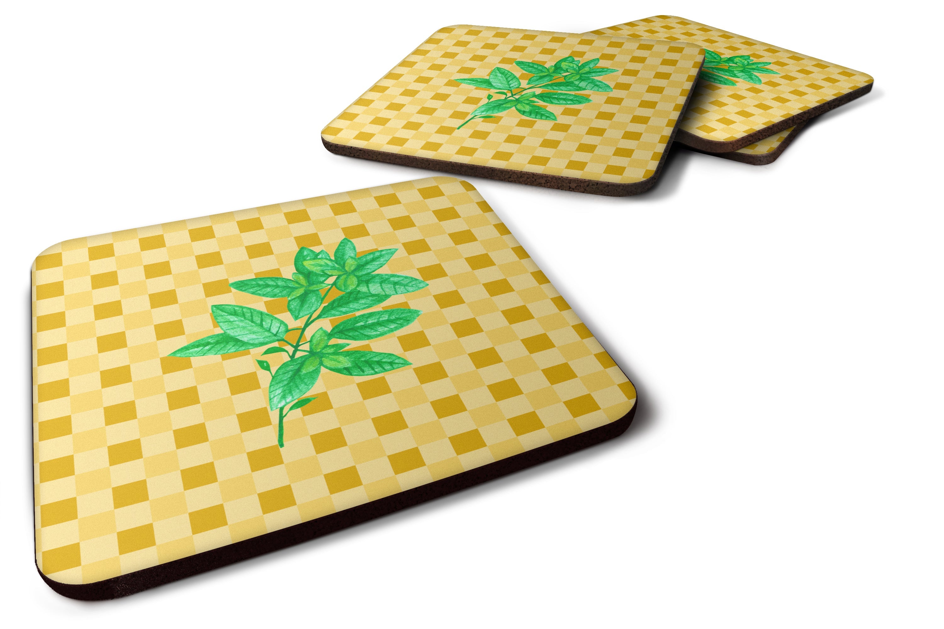 Basil on Basketweave Foam Coasters Set of 4 Cup Coasters for Indoor Outdoor, Tabletop Protection, Anti Slip, Mouse pad Material