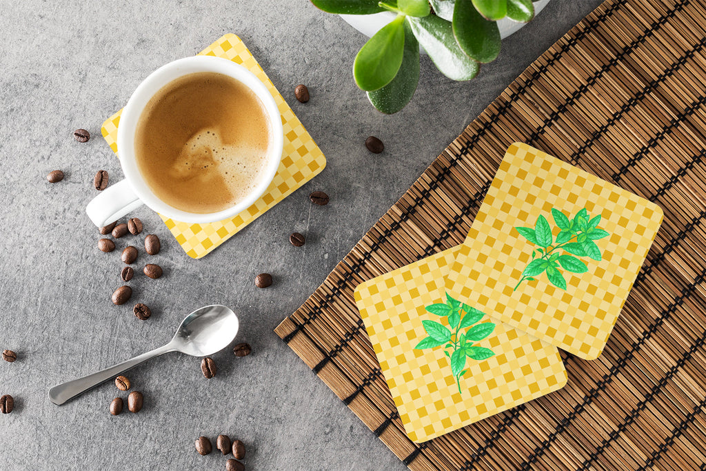 Basil on Basketweave Foam Coasters Set of 4 Cup Coasters for Indoor Outdoor, Tabletop Protection, Anti Slip, Mouse pad Material