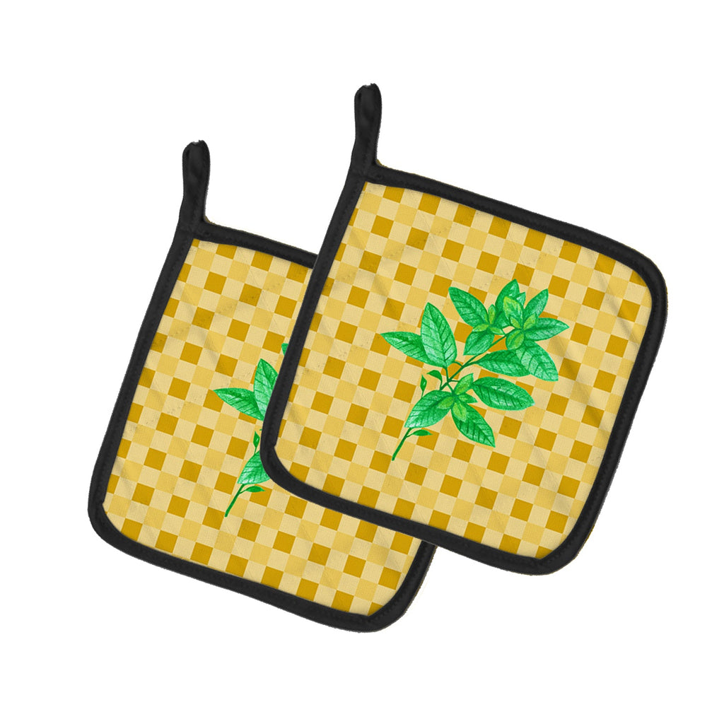 Basil on Basketweave Pot Holder Set of 2 Heat Resistant Quilted Hot Pads 7.5 x 7.5 Inch, Insulated Kitchen Trivets for Cooking & Baking