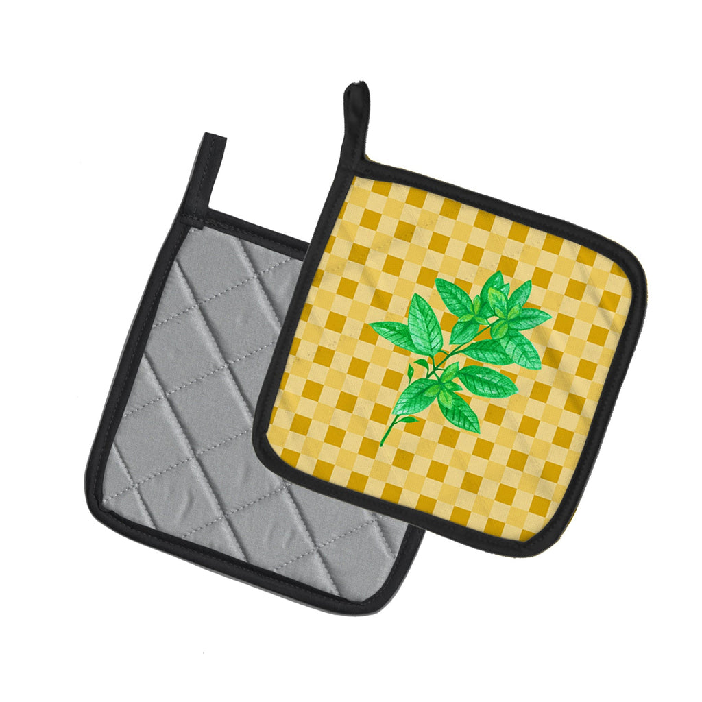 Basil on Basketweave Pot Holder Set of 2 Heat Resistant Quilted Hot Pads 7.5 x 7.5 Inch, Insulated Kitchen Trivets for Cooking & Baking