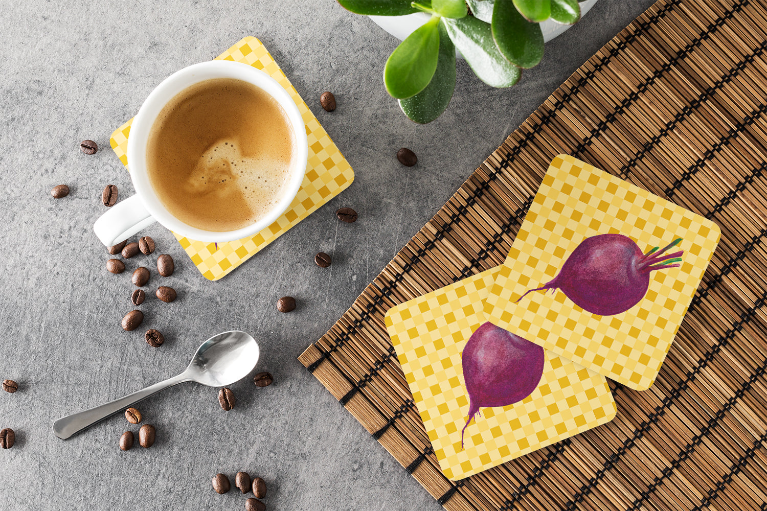 Beet Root on Basketweave Foam Coasters Set of 4 Cup Coasters for Indoor Outdoor, Tabletop Protection, Anti Slip, Mouse pad Material