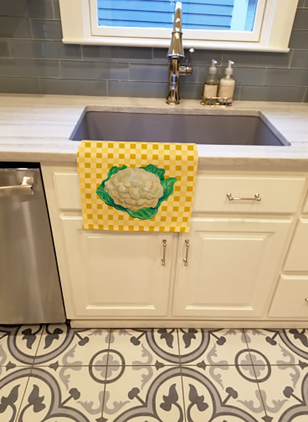 Cauliflower on Basketweave Kitchen Towel Velour Plush Front and Cotton Loop Back Machine Washable