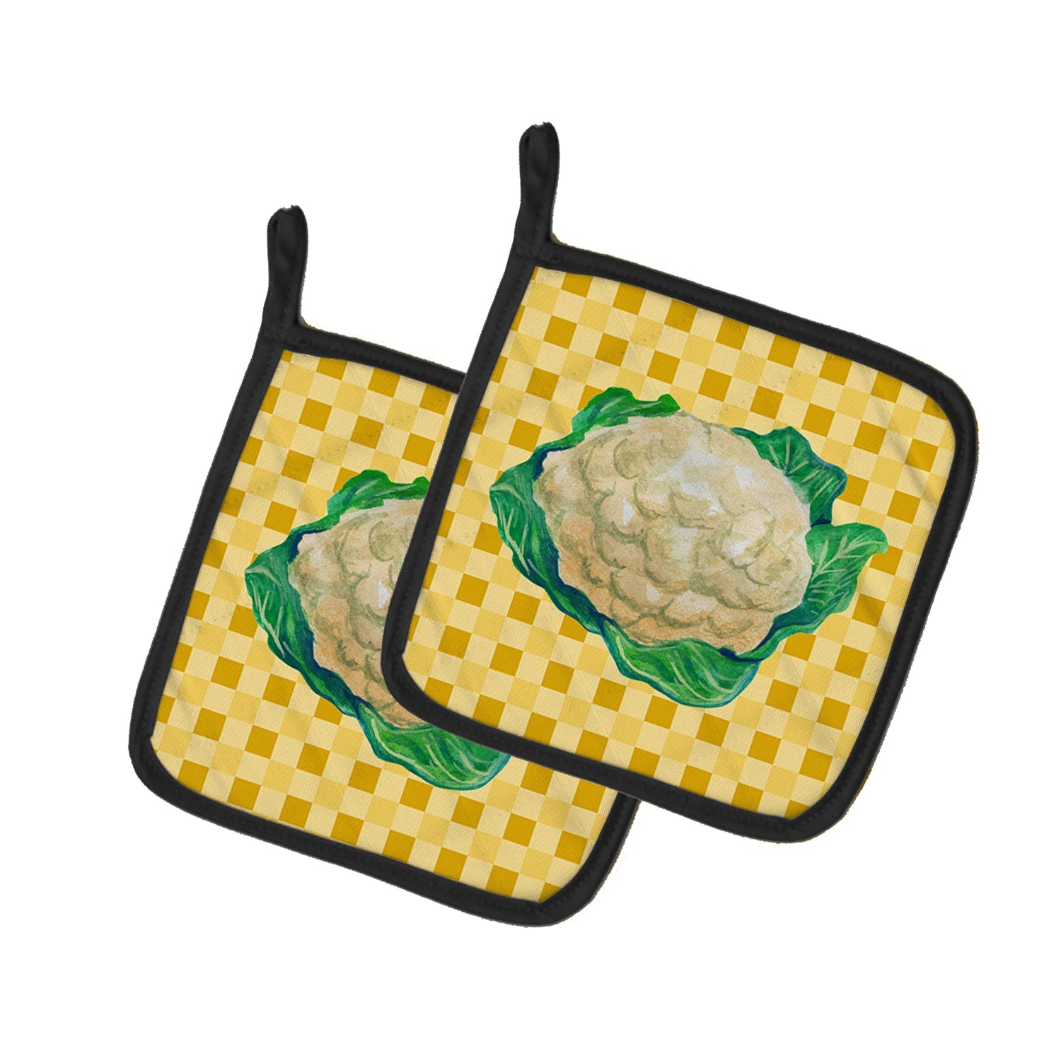 Cauliflower on Basketweave Pot Holder Set of 2 Heat Resistant Quilted Hot Pads 7.5 x 7.5 Inch, Insulated Kitchen Trivets for Cooking & Baking
