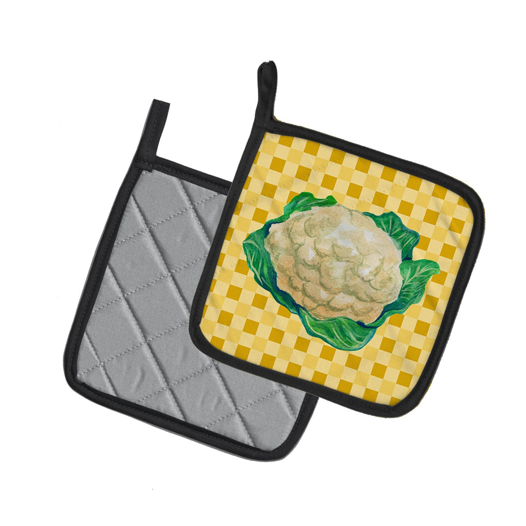 Cauliflower on Basketweave Pot Holder Set of 2 Heat Resistant Quilted Hot Pads 7.5 x 7.5 Inch, Insulated Kitchen Trivets for Cooking & Baking