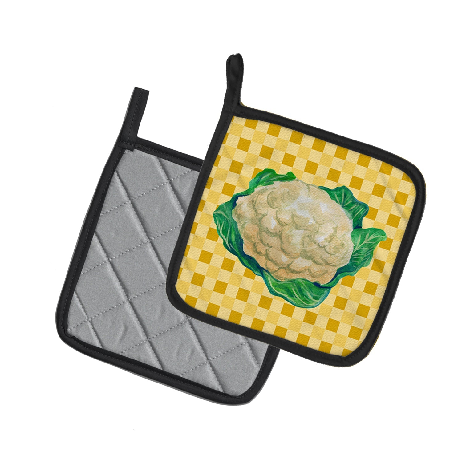 Cauliflower on Basketweave Pot Holder Set of 2 Heat Resistant Quilted Hot Pads 7.5 x 7.5 Inch, Insulated Kitchen Trivets for Cooking & Baking