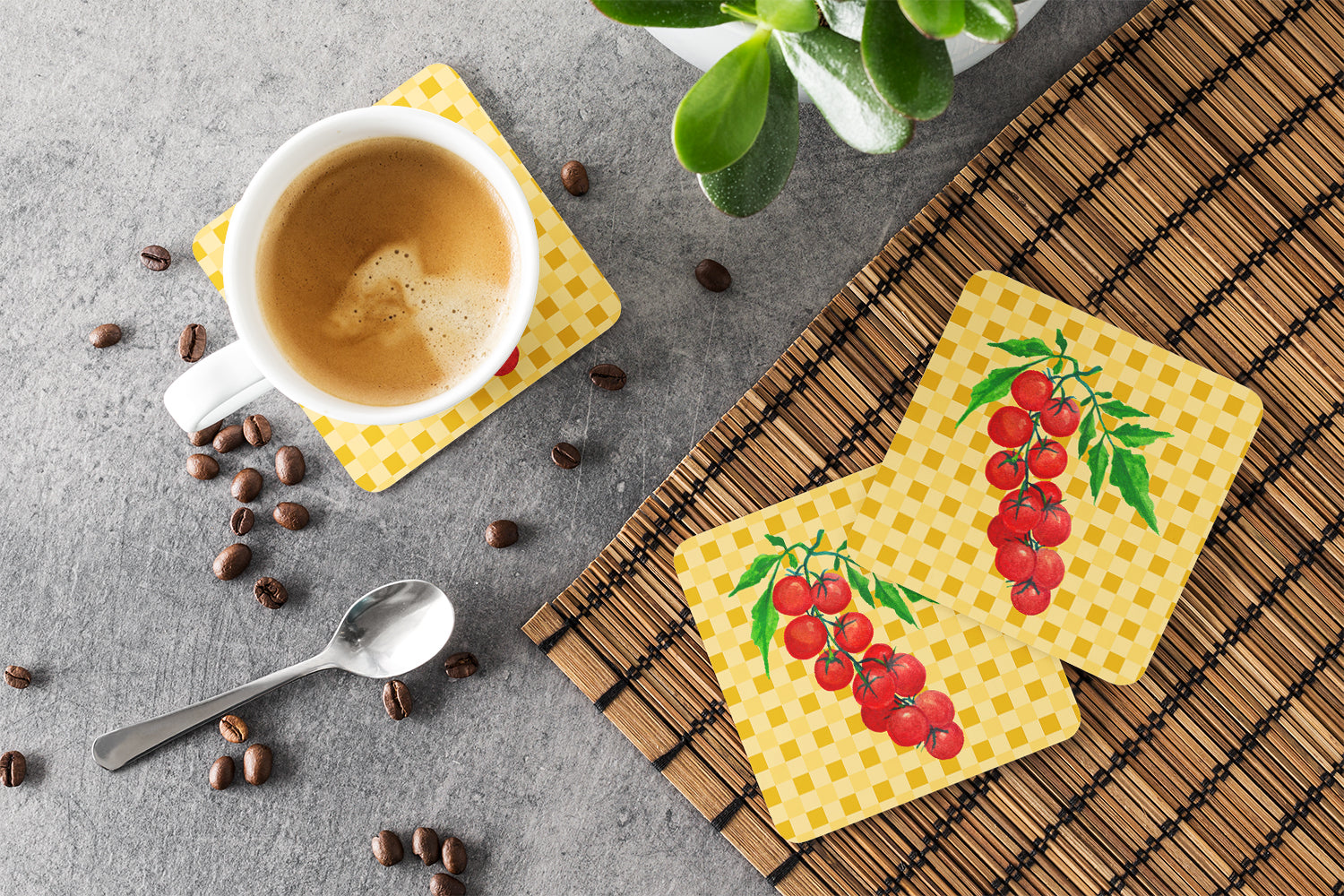 Cherry Tomato on Basketweave Foam Coasters Set of 4 Cup Coasters for Indoor Outdoor, Tabletop Protection, Anti Slip, Mouse pad Material