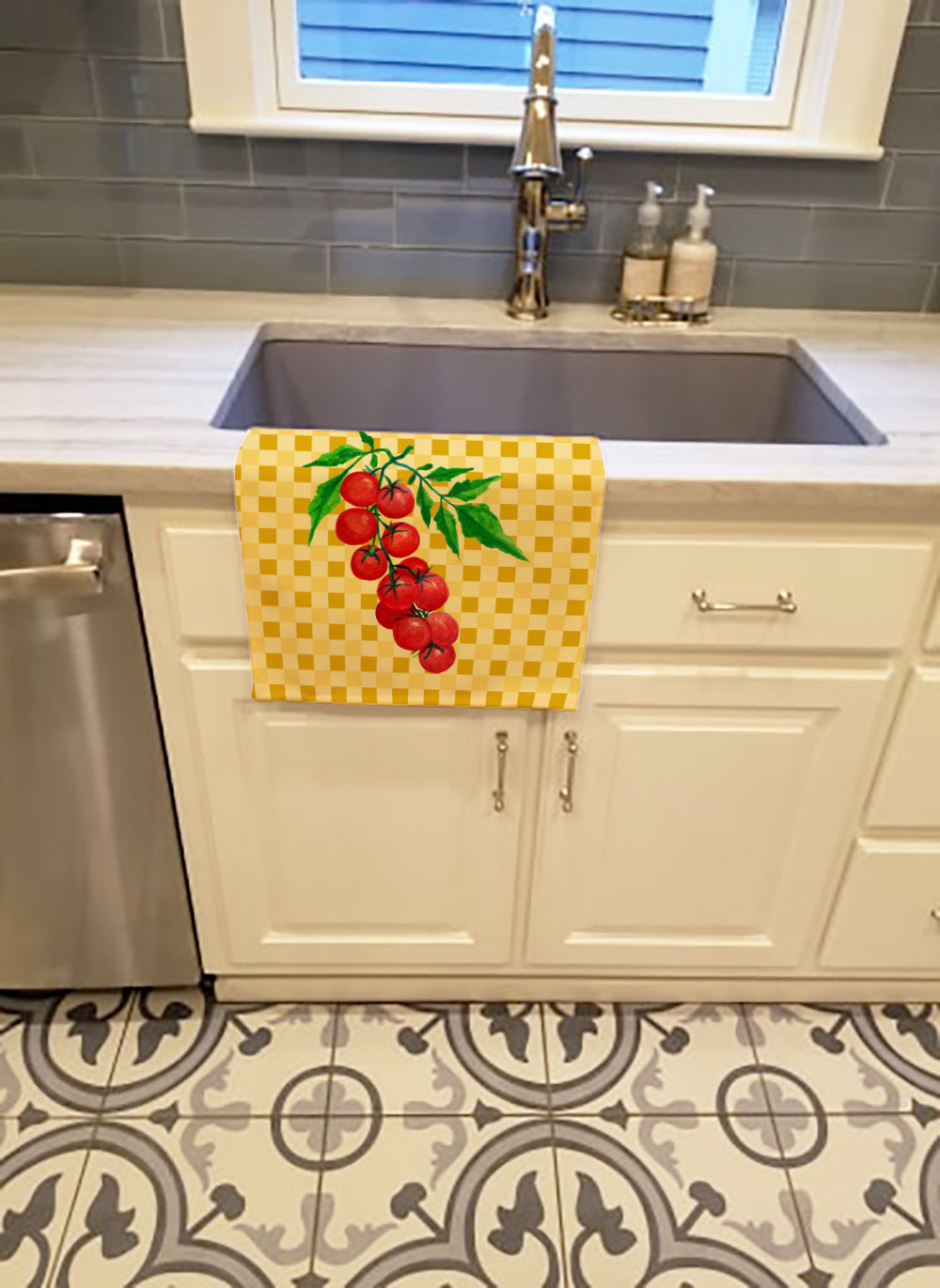 Cherry Tomato on Basketweave Kitchen Towel Velour Plush Front and Cotton Loop Back Machine Washable