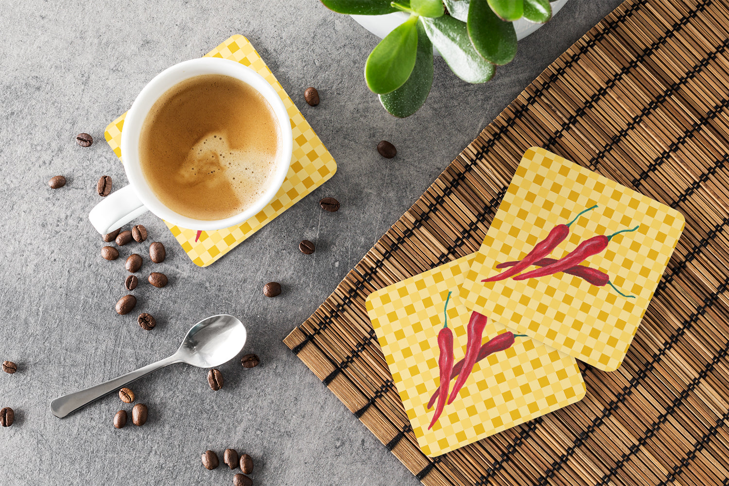 Chili Peppers on Basketweave Foam Coasters Set of 4 Cup Coasters for Indoor Outdoor, Tabletop Protection, Anti Slip, Mouse pad Material