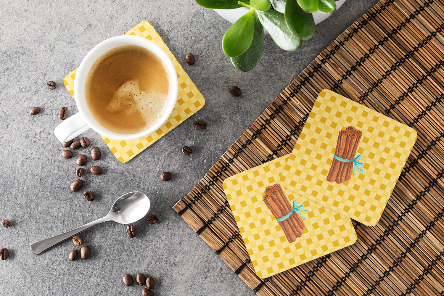 Cinnamon on Basketweave Foam Coasters Set of 4 Cup Coasters for Indoor Outdoor, Tabletop Protection, Anti Slip, Mouse pad Material