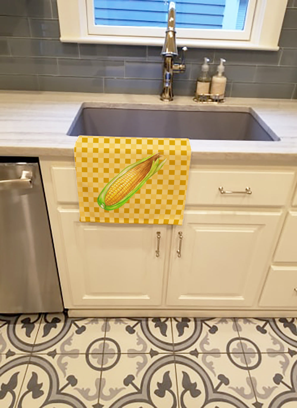 Corn on Basketweave Kitchen Towel Velour Plush Front and Cotton Loop Back Machine Washable