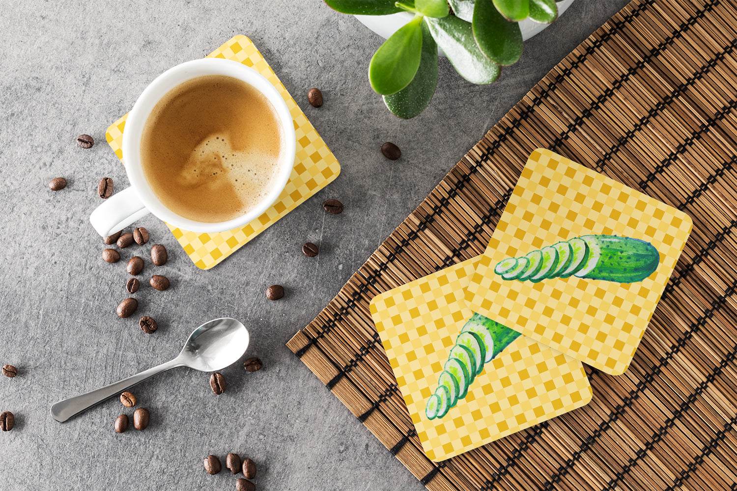 Cucumber on Basketweave Foam Coasters Set of 4 Cup Coasters for Indoor Outdoor, Tabletop Protection, Anti Slip, Mouse pad Material