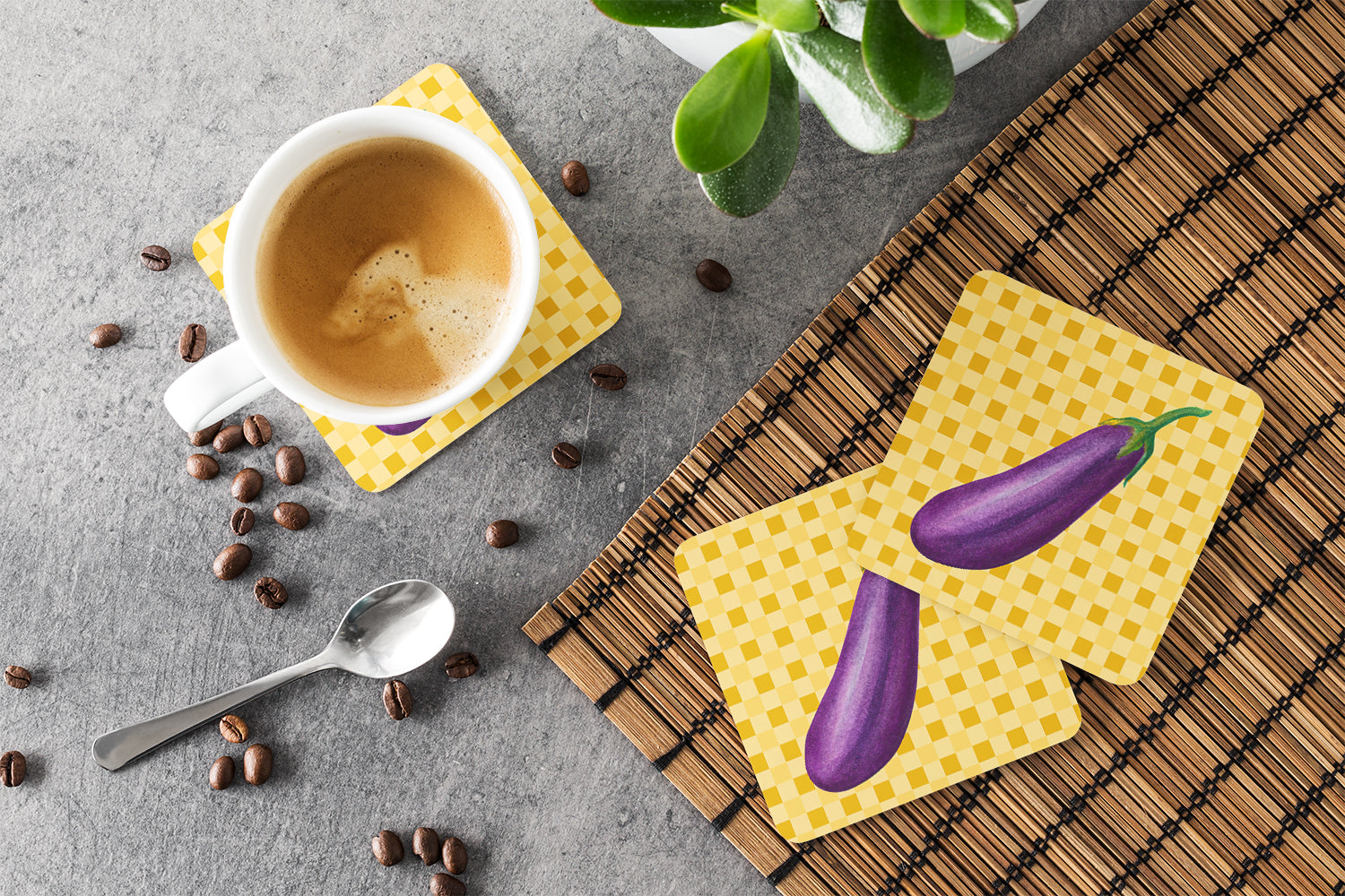 Eggplant on Basketweave Foam Coasters Set of 4 Cup Coasters for Indoor Outdoor, Tabletop Protection, Anti Slip, Mouse pad Material