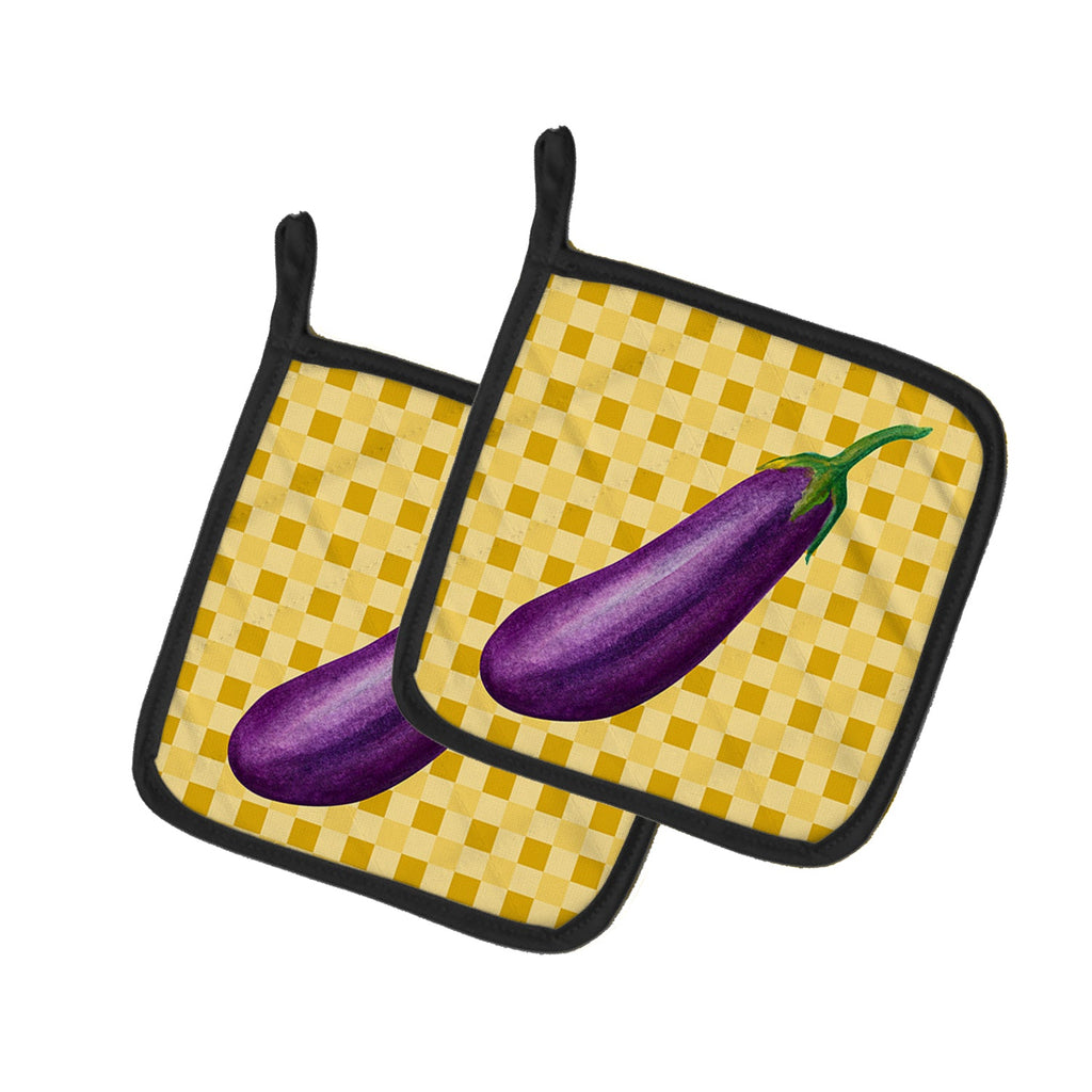 Eggplant on Basketweave Pot Holder Set of 2 Heat Resistant Quilted Hot Pads 7.5 x 7.5 Inch, Insulated Kitchen Trivets for Cooking & Baking
