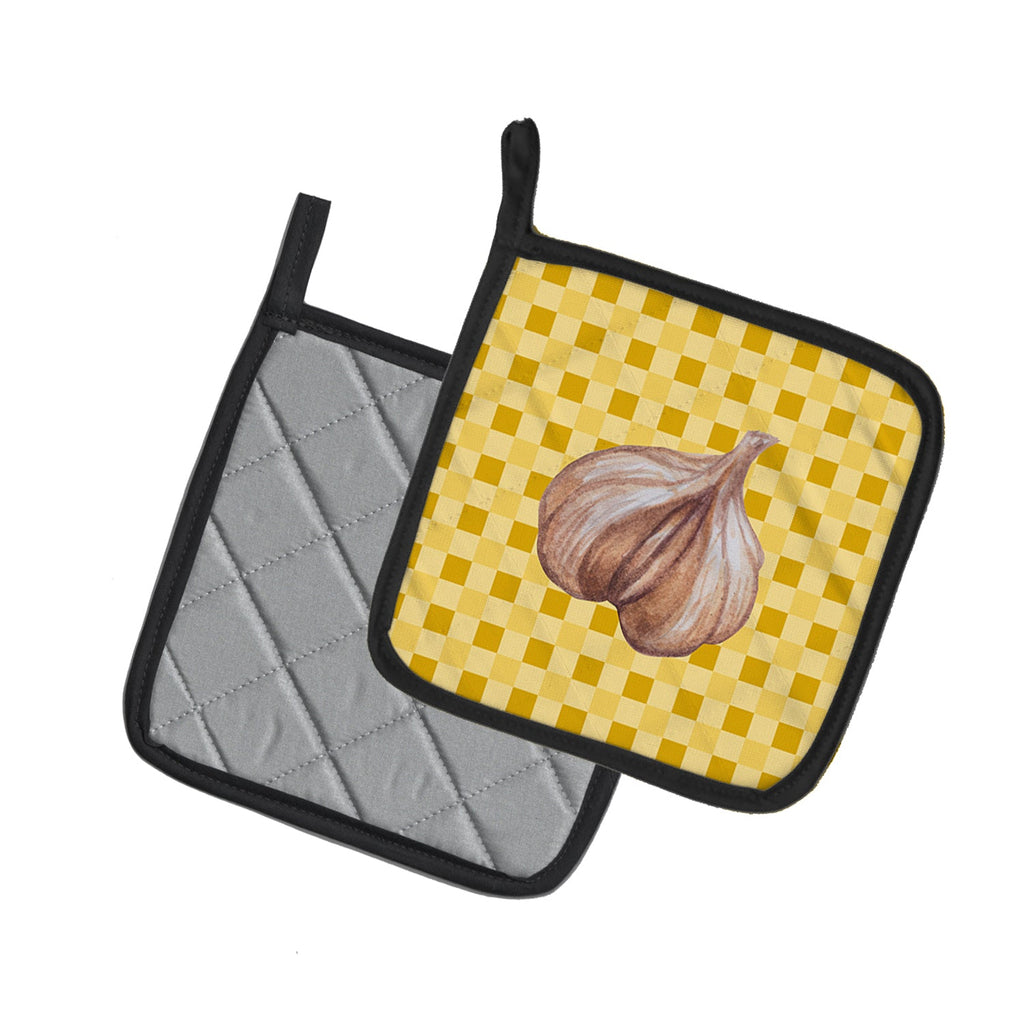 Garlic on Basketweave Pot Holder Set of 2 Heat Resistant Quilted Hot Pads 7.5 x 7.5 Inch, Insulated Kitchen Trivets for Cooking & Baking