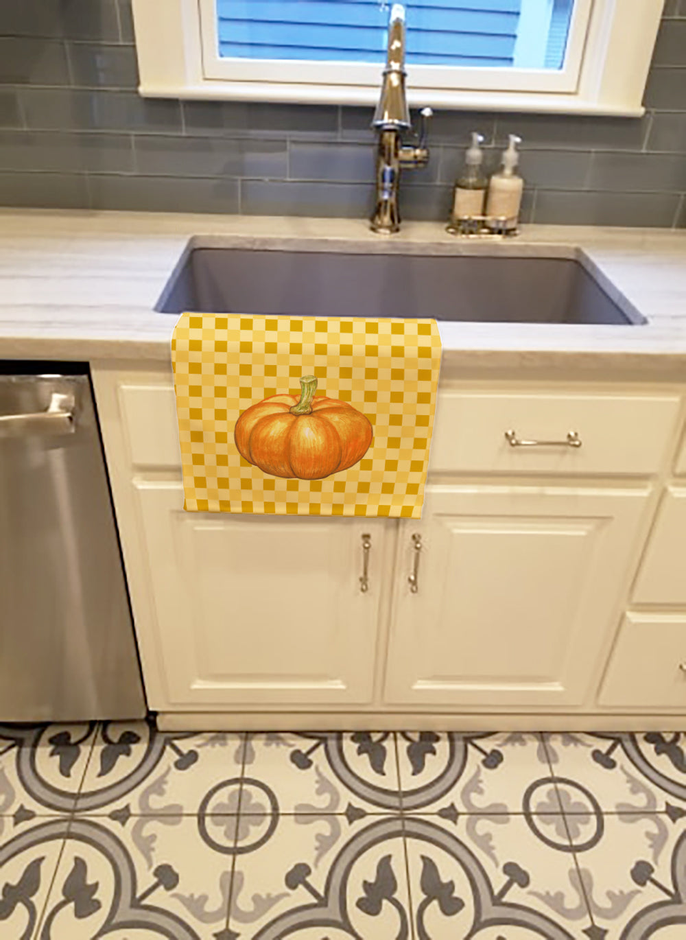 Pumpkin on Basketweave Kitchen Towel Velour Plush Front and Cotton Loop Back Machine Washable