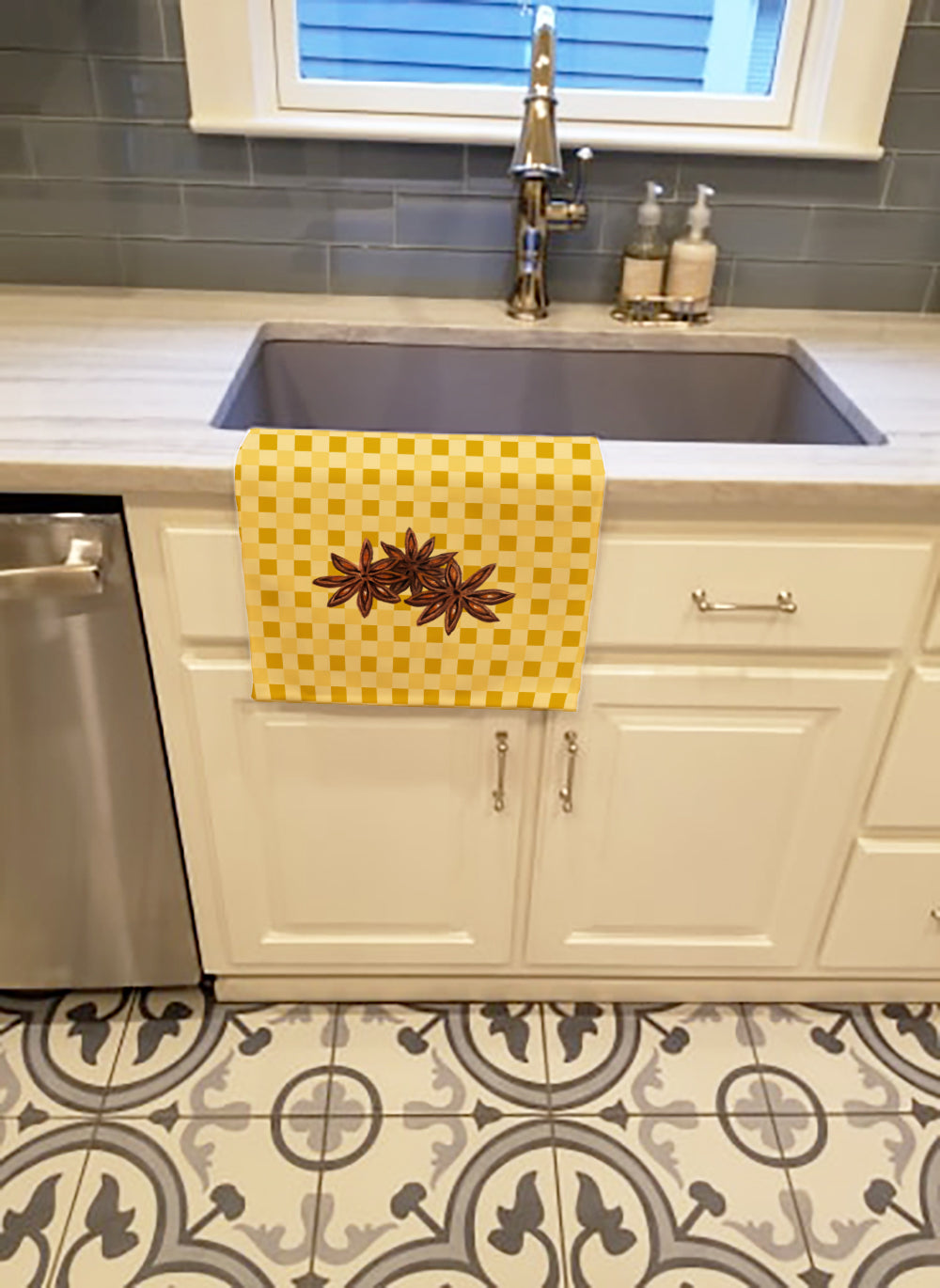Star Anise on Basketweave Kitchen Towel Velour Plush Front and Cotton Loop Back Machine Washable