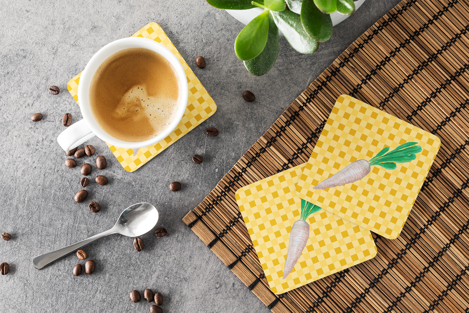 White Radish on Basketweave Foam Coasters Set of 4 Cup Coasters for Indoor Outdoor, Tabletop Protection, Anti Slip, Mouse pad Material
