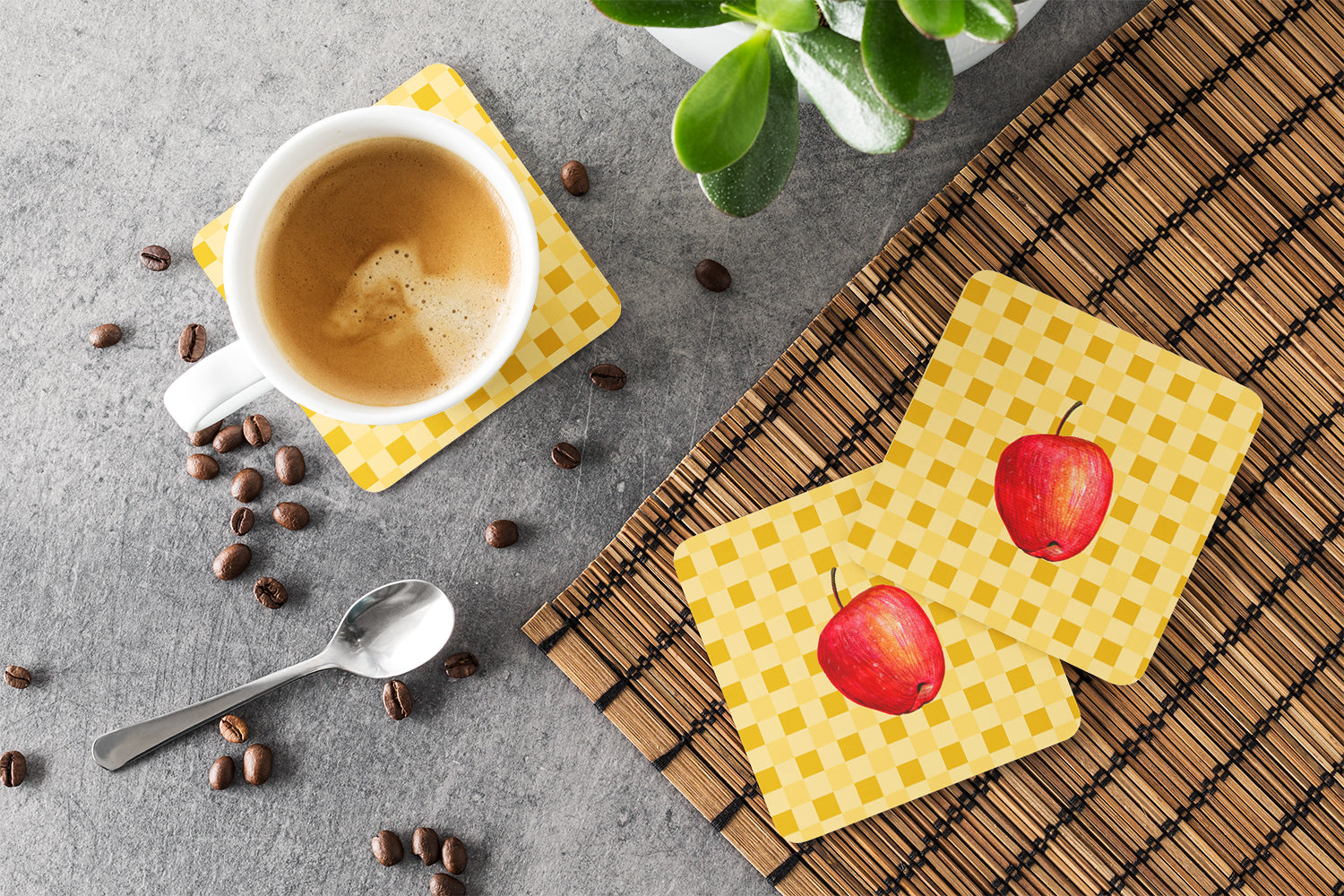 Whole Apple on Basketweave Foam Coasters Set of 4 Cup Coasters for Indoor Outdoor, Tabletop Protection, Anti Slip, Mouse pad Material