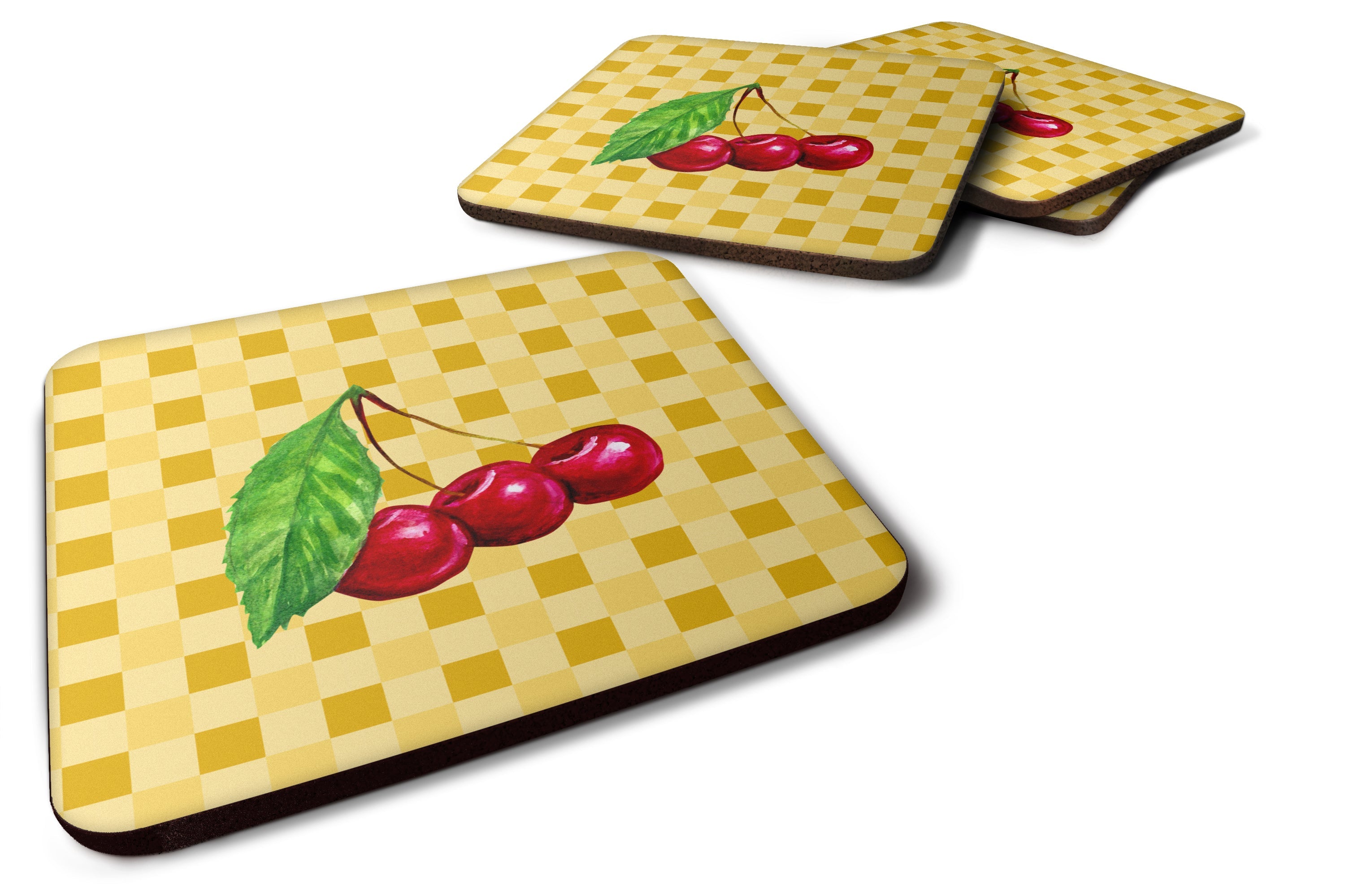 Cherries on Basketweave Foam Coasters Set of 4 Cup Coasters for Indoor Outdoor, Tabletop Protection, Anti Slip, Mouse pad Material