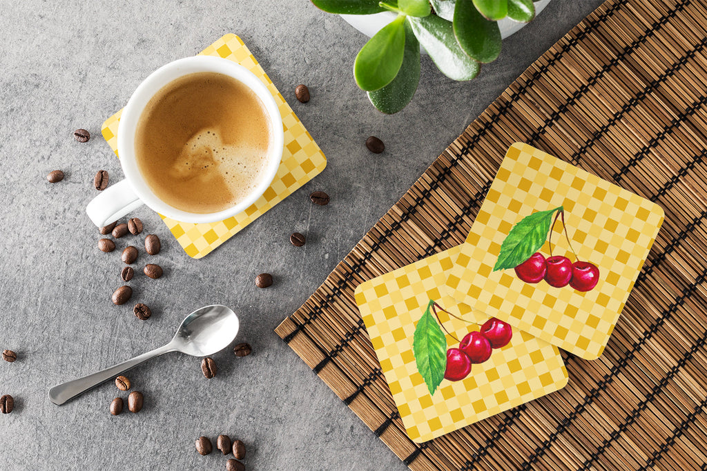 Cherries on Basketweave Foam Coasters Set of 4 Cup Coasters for Indoor Outdoor, Tabletop Protection, Anti Slip, Mouse pad Material
