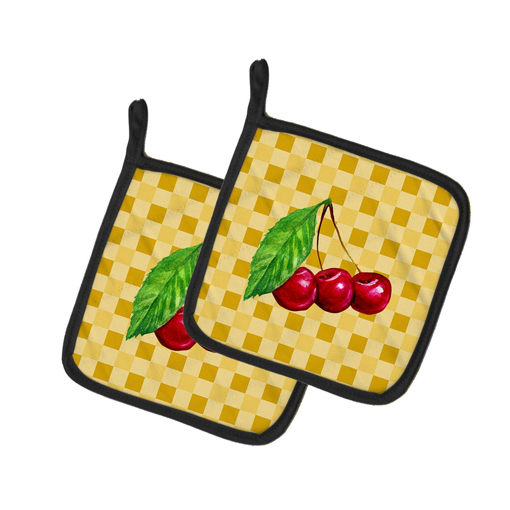 Cherries on Basketweave Pot Holder Set of 2 Heat Resistant Quilted Hot Pads 7.5 x 7.5 Inch, Insulated Kitchen Trivets for Cooking & Baking