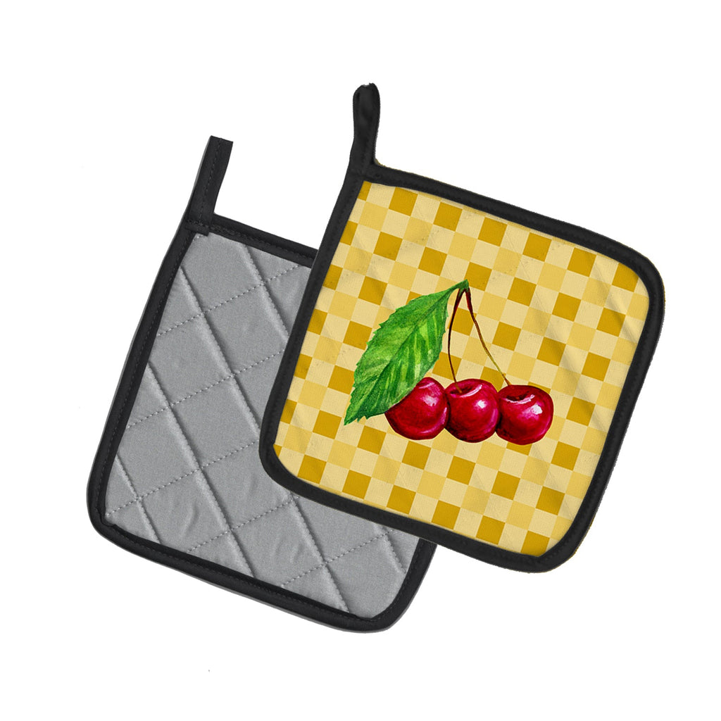 Cherries on Basketweave Pot Holder Set of 2 Heat Resistant Quilted Hot Pads 7.5 x 7.5 Inch, Insulated Kitchen Trivets for Cooking & Baking