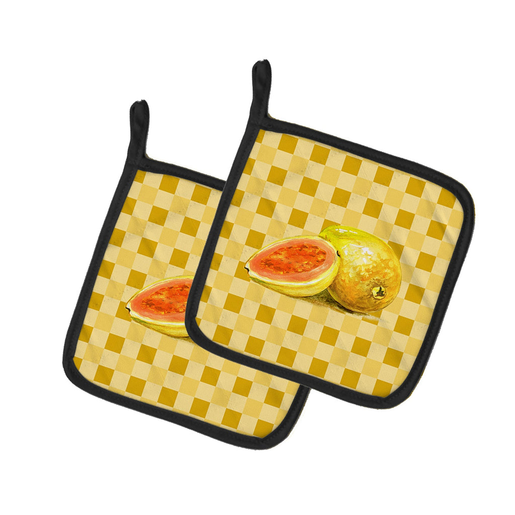 Guava Sliced and Whole on Basketweave Pot Holder Set of 2 Heat Resistant Quilted Hot Pads 7.5 x 7.5 Inch, Insulated Kitchen Trivets for Cooking & Baking