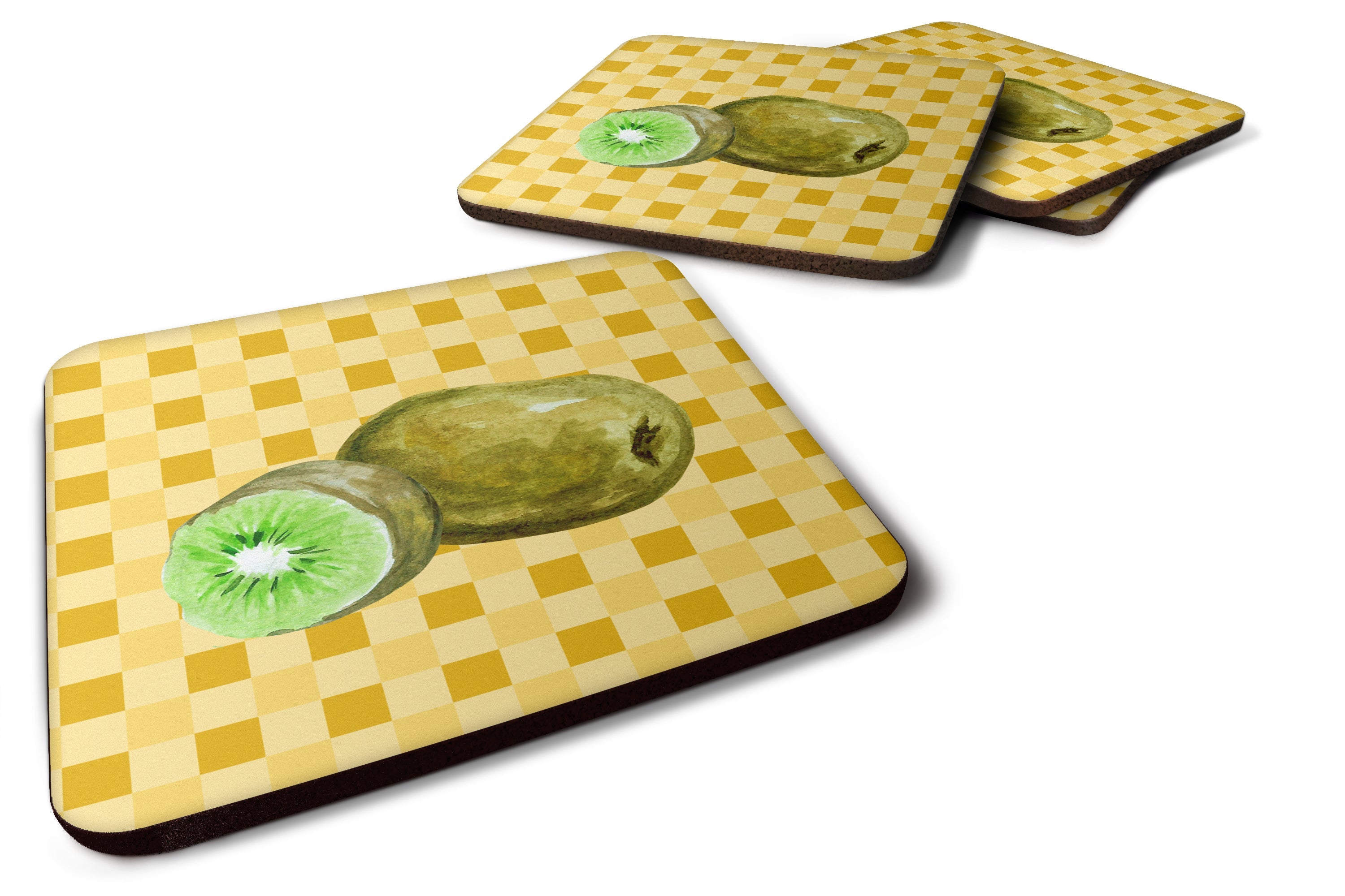 Kiwi on Basketweave Foam Coasters Set of 4 Cup Coasters for Indoor Outdoor, Tabletop Protection, Anti Slip, Mouse pad Material