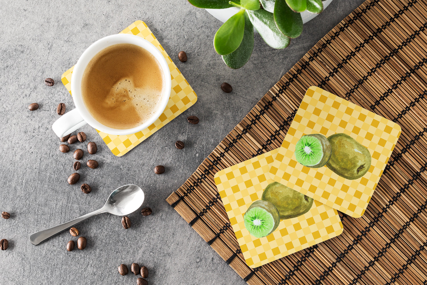 Kiwi on Basketweave Foam Coasters Set of 4 Cup Coasters for Indoor Outdoor, Tabletop Protection, Anti Slip, Mouse pad Material