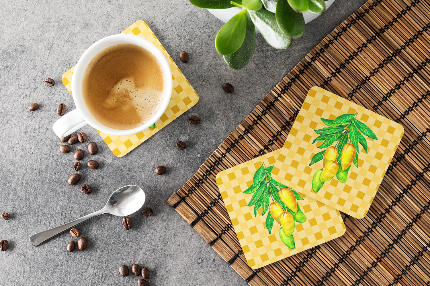 Mangos on Branch on Basketweave Foam Coasters Set of 4 Cup Coasters for Indoor Outdoor, Tabletop Protection, Anti Slip, Mouse pad Material