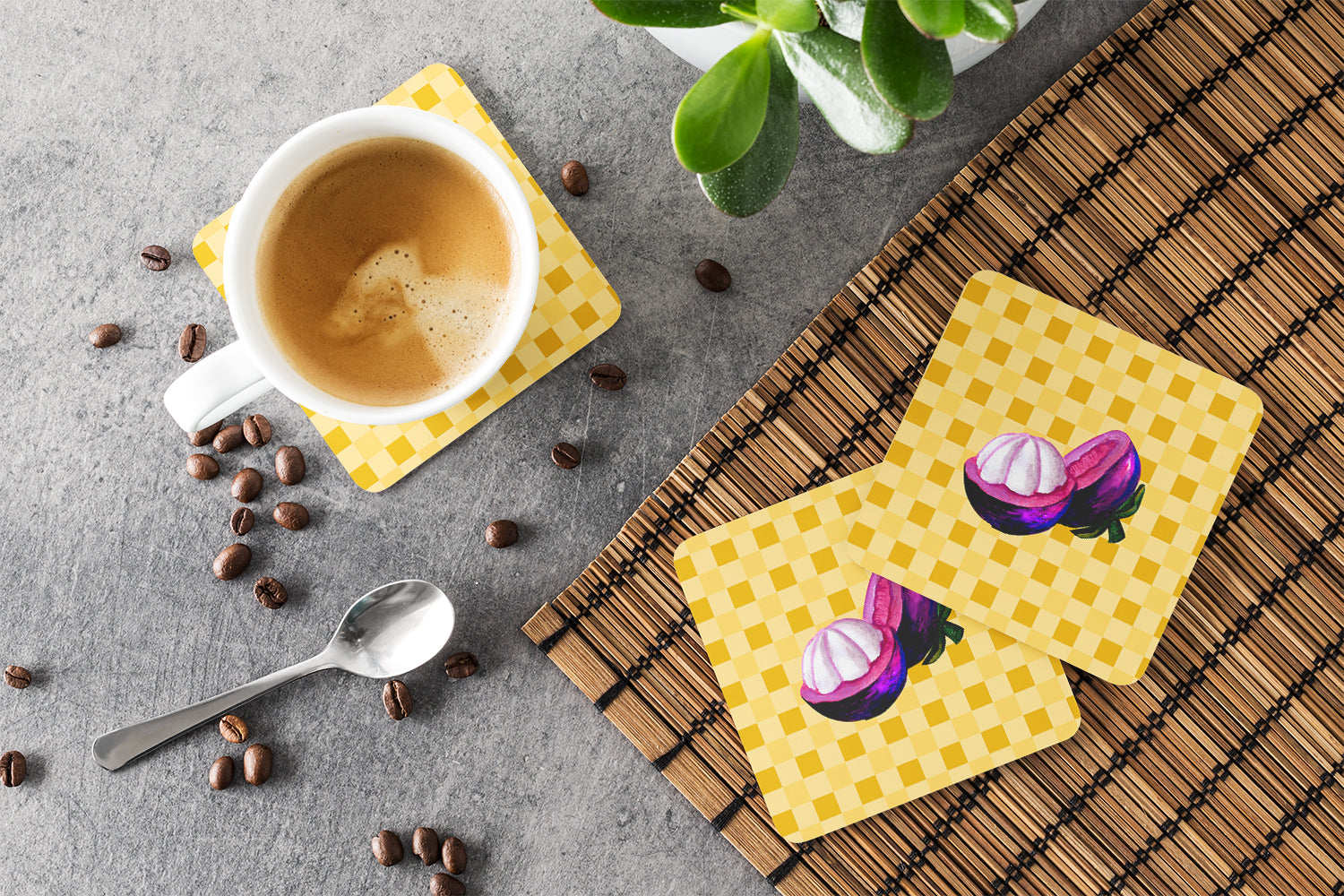 Mangosteen Sliced on Basketweave Foam Coasters Set of 4 Cup Coasters for Indoor Outdoor, Tabletop Protection, Anti Slip, Mouse pad Material