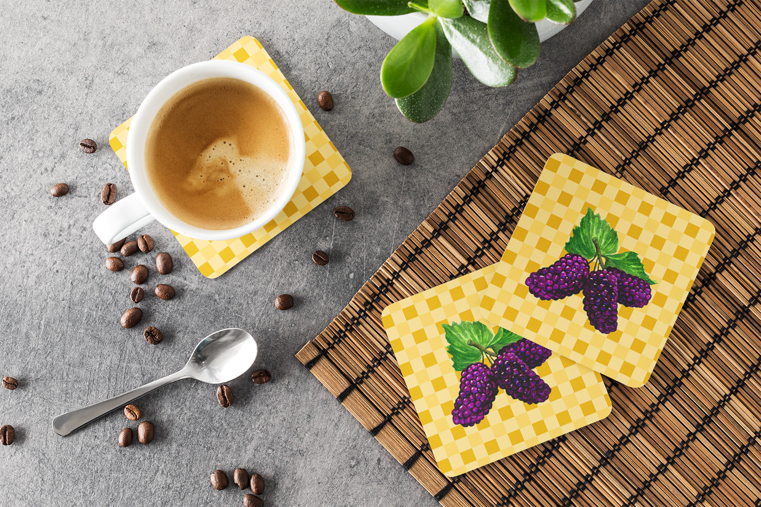 Mulberries on Basketweave Foam Coasters Set of 4 Cup Coasters for Indoor Outdoor, Tabletop Protection, Anti Slip, Mouse pad Material