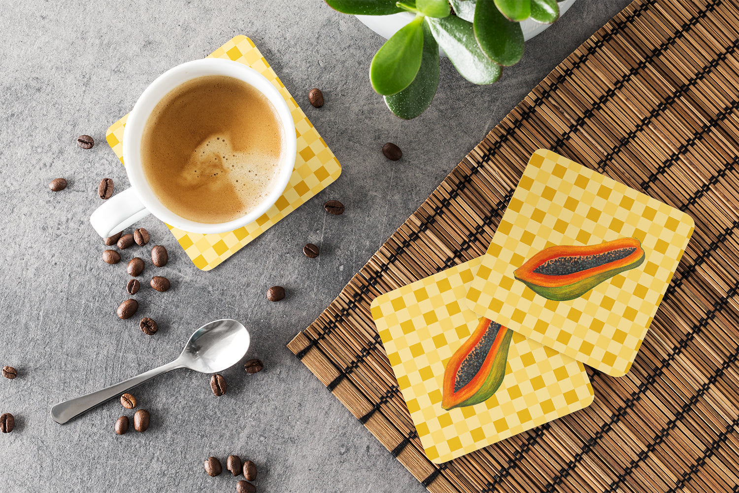 Sliced Papaya on Basketweave Foam Coasters Set of 4 Cup Coasters for Indoor Outdoor, Tabletop Protection, Anti Slip, Mouse pad Material
