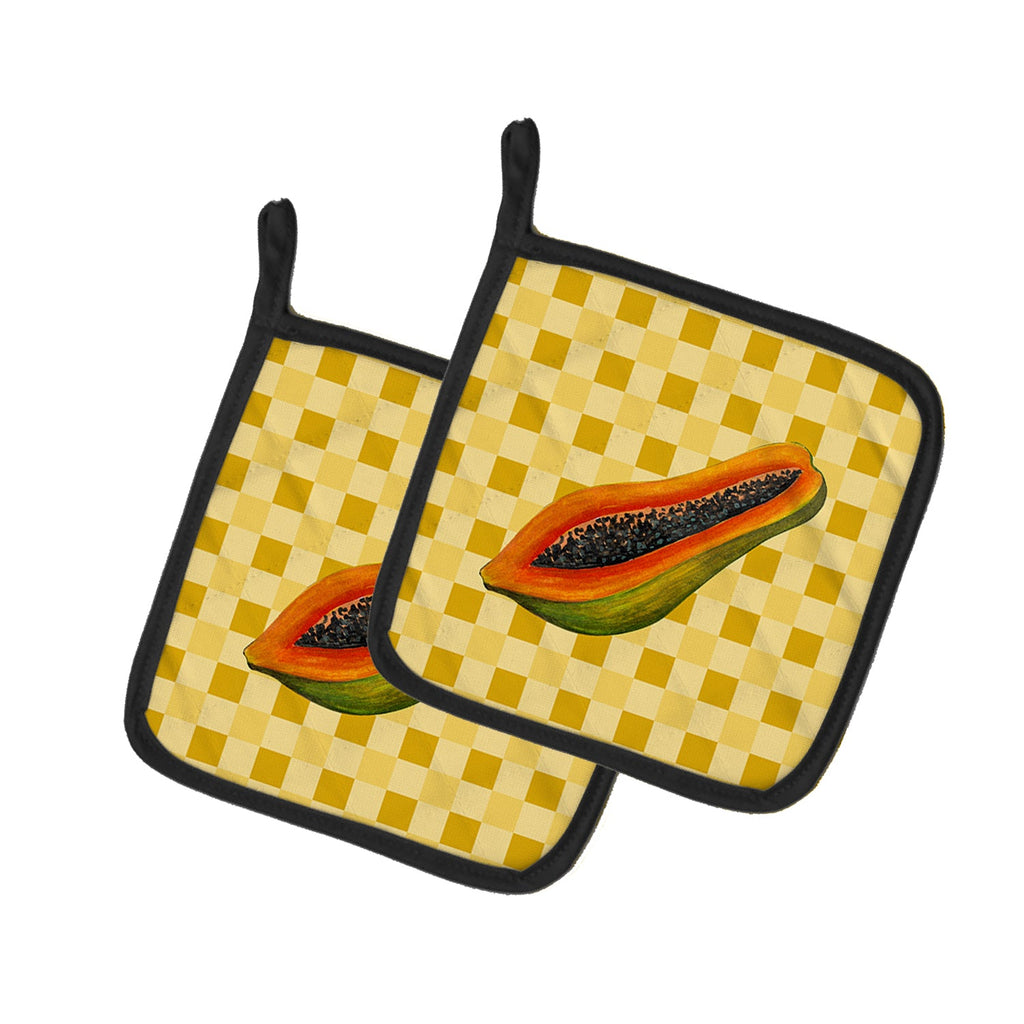 Sliced Papaya on Basketweave Pot Holder Set of 2 Heat Resistant Quilted Hot Pads 7.5 x 7.5 Inch, Insulated Kitchen Trivets for Cooking & Baking