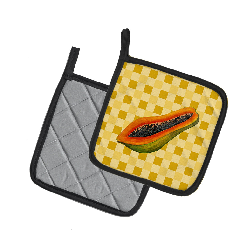 Sliced Papaya on Basketweave Pot Holder Set of 2 Heat Resistant Quilted Hot Pads 7.5 x 7.5 Inch, Insulated Kitchen Trivets for Cooking & Baking
