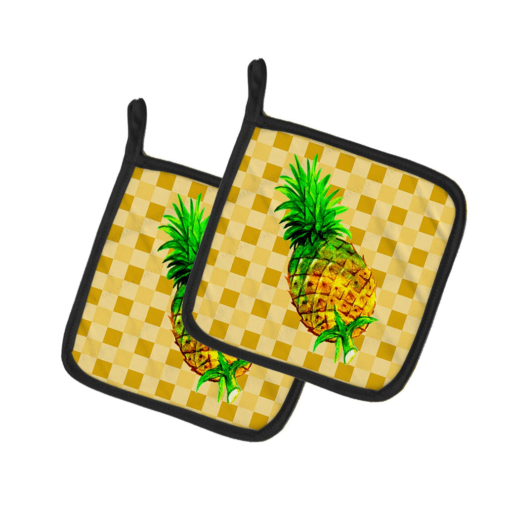 Whole Pineapple on Basketweave Pot Holder Set of 2 Heat Resistant Quilted Hot Pads 7.5 x 7.5 Inch, Insulated Kitchen Trivets for Cooking & Baking