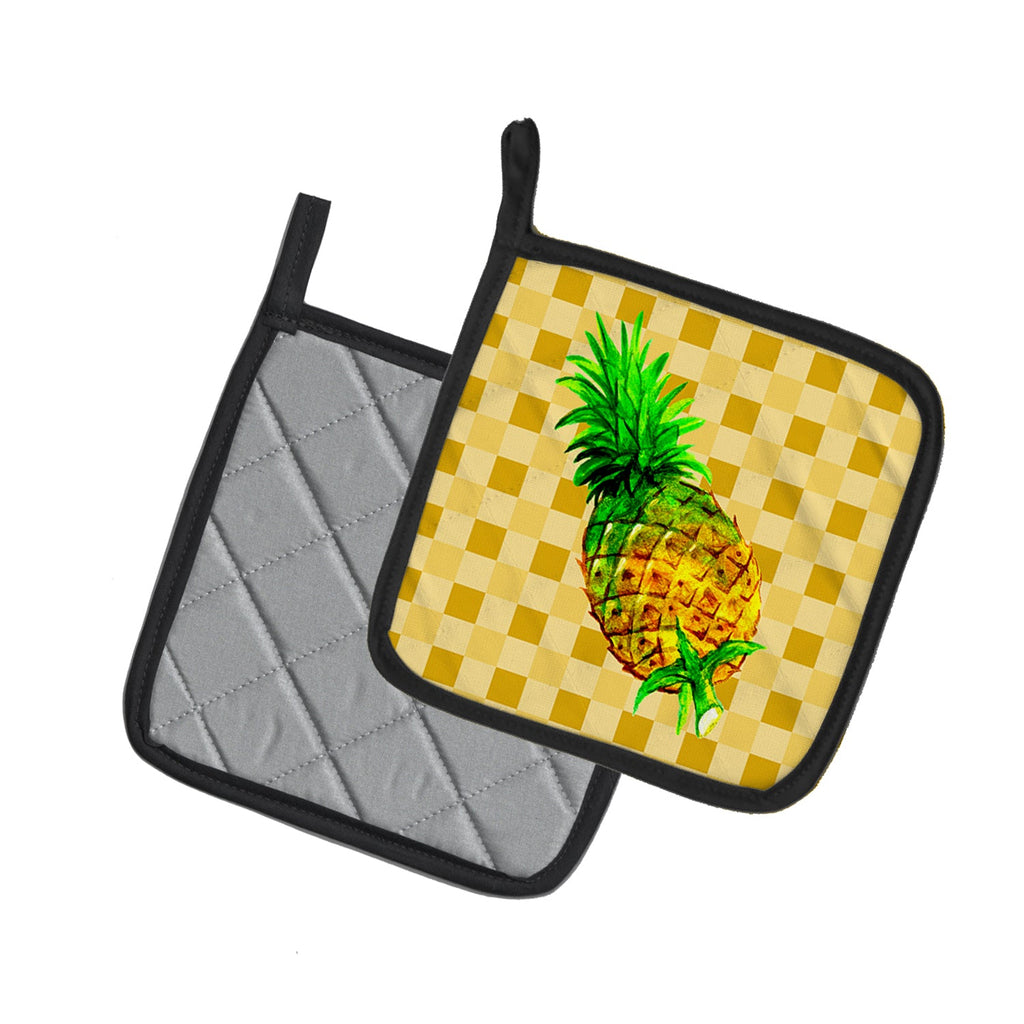 Whole Pineapple on Basketweave Pot Holder Set of 2 Heat Resistant Quilted Hot Pads 7.5 x 7.5 Inch, Insulated Kitchen Trivets for Cooking & Baking