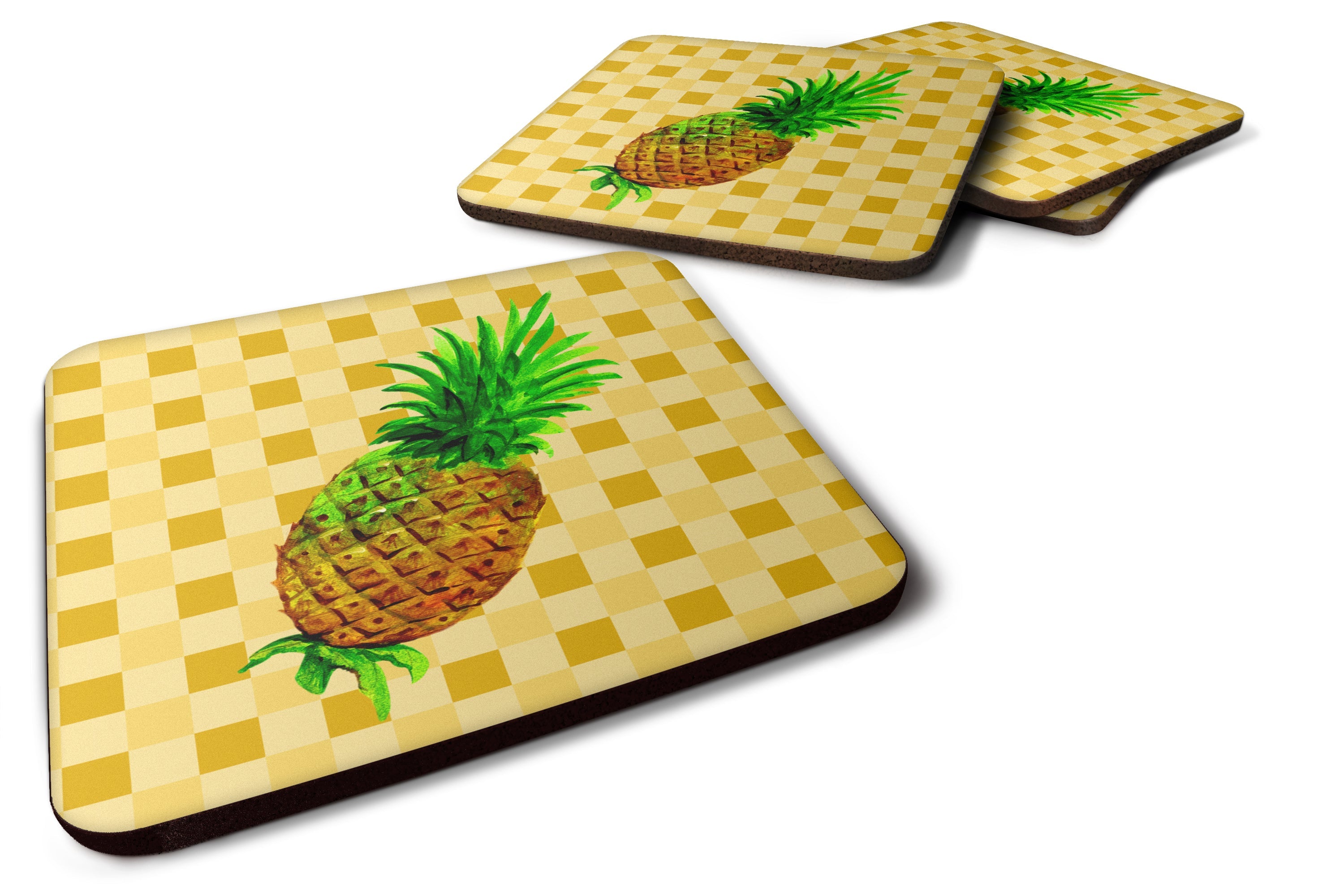 Whole Pineapple on Basketweave Foam Coasters Set of 4 Cup Coasters for Indoor Outdoor, Tabletop Protection, Anti Slip, Mouse pad Material
