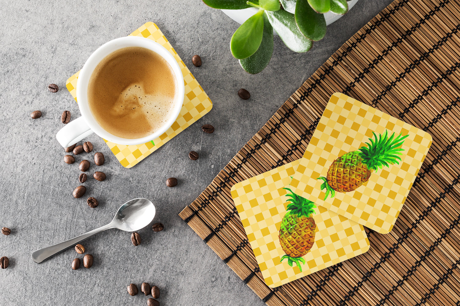 Whole Pineapple on Basketweave Foam Coasters Set of 4 Cup Coasters for Indoor Outdoor, Tabletop Protection, Anti Slip, Mouse pad Material