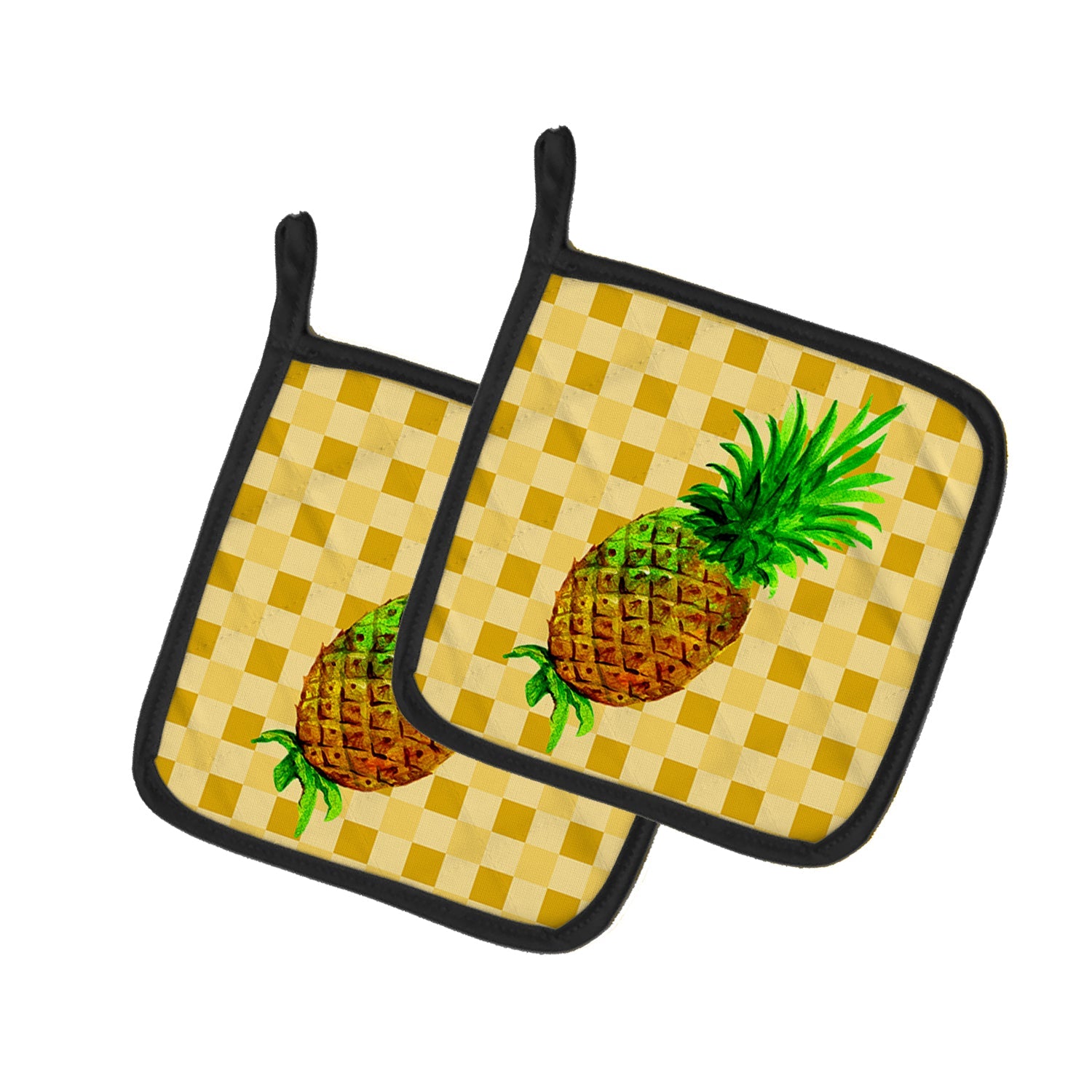 Whole Pineapple on Basketweave Pot Holder Set of 2 Heat Resistant Quilted Hot Pads 7.5 x 7.5 Inch, Insulated Kitchen Trivets for Cooking & Baking
