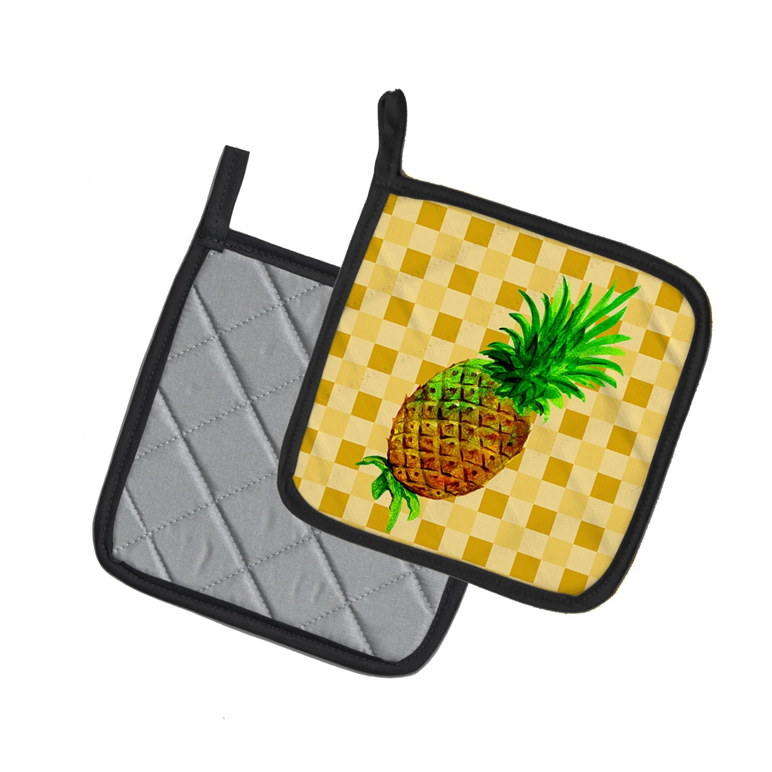 Whole Pineapple on Basketweave Pot Holder Set of 2 Heat Resistant Quilted Hot Pads 7.5 x 7.5 Inch, Insulated Kitchen Trivets for Cooking & Baking