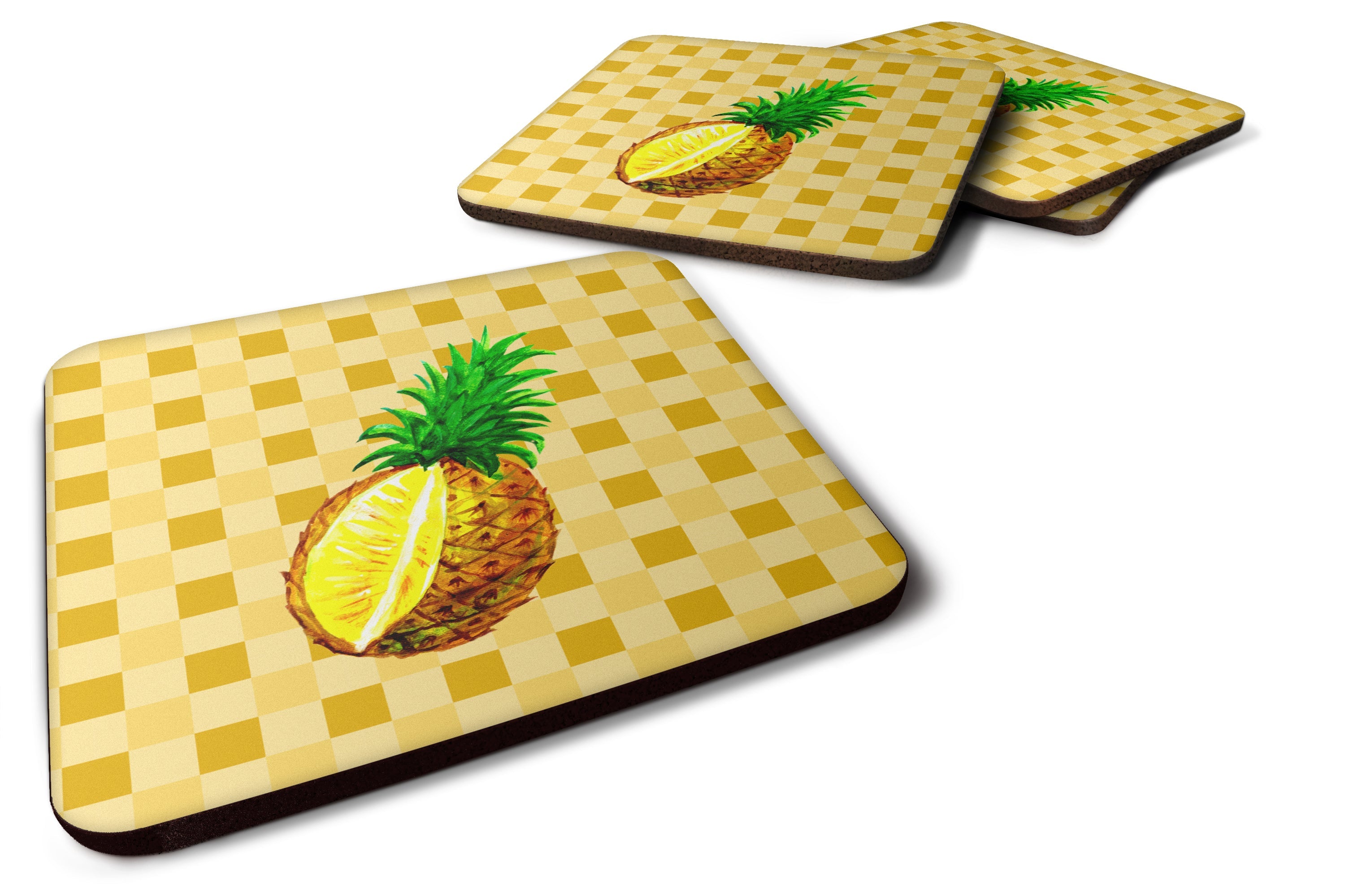 Whole Pineapple Cut on Basketweave Foam Coasters Set of 4 Cup Coasters for Indoor Outdoor, Tabletop Protection, Anti Slip, Mouse pad Material