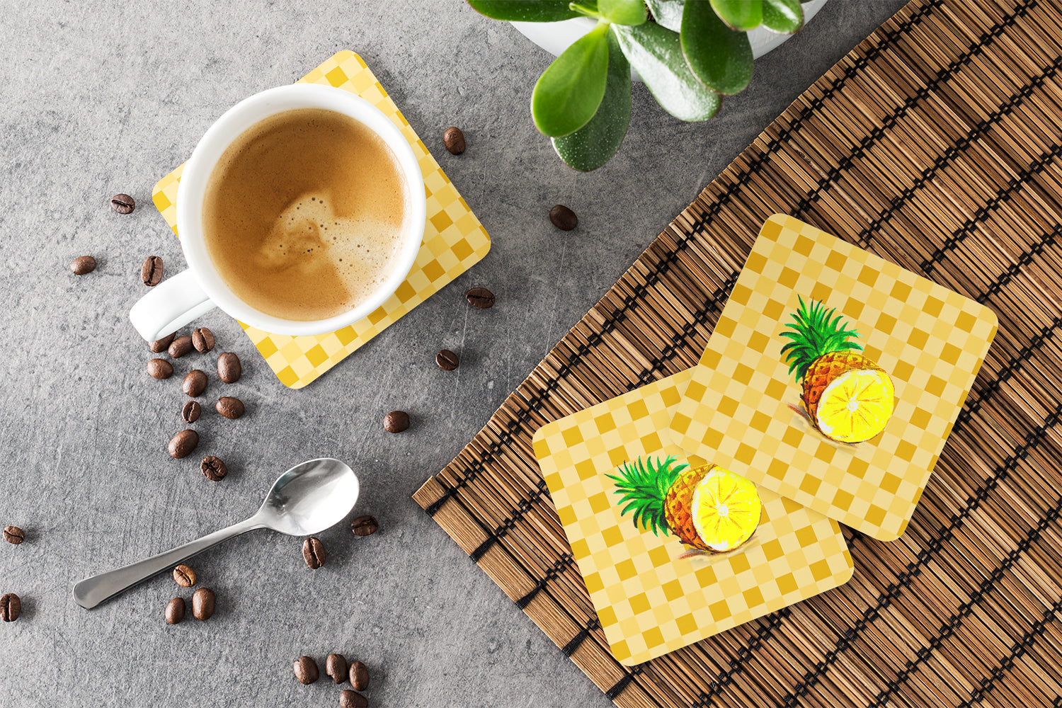 Top of Pineapple Cut on Basketweave Foam Coasters Set of 4 Cup Coasters for Indoor Outdoor, Tabletop Protection, Anti Slip, Mouse pad Material