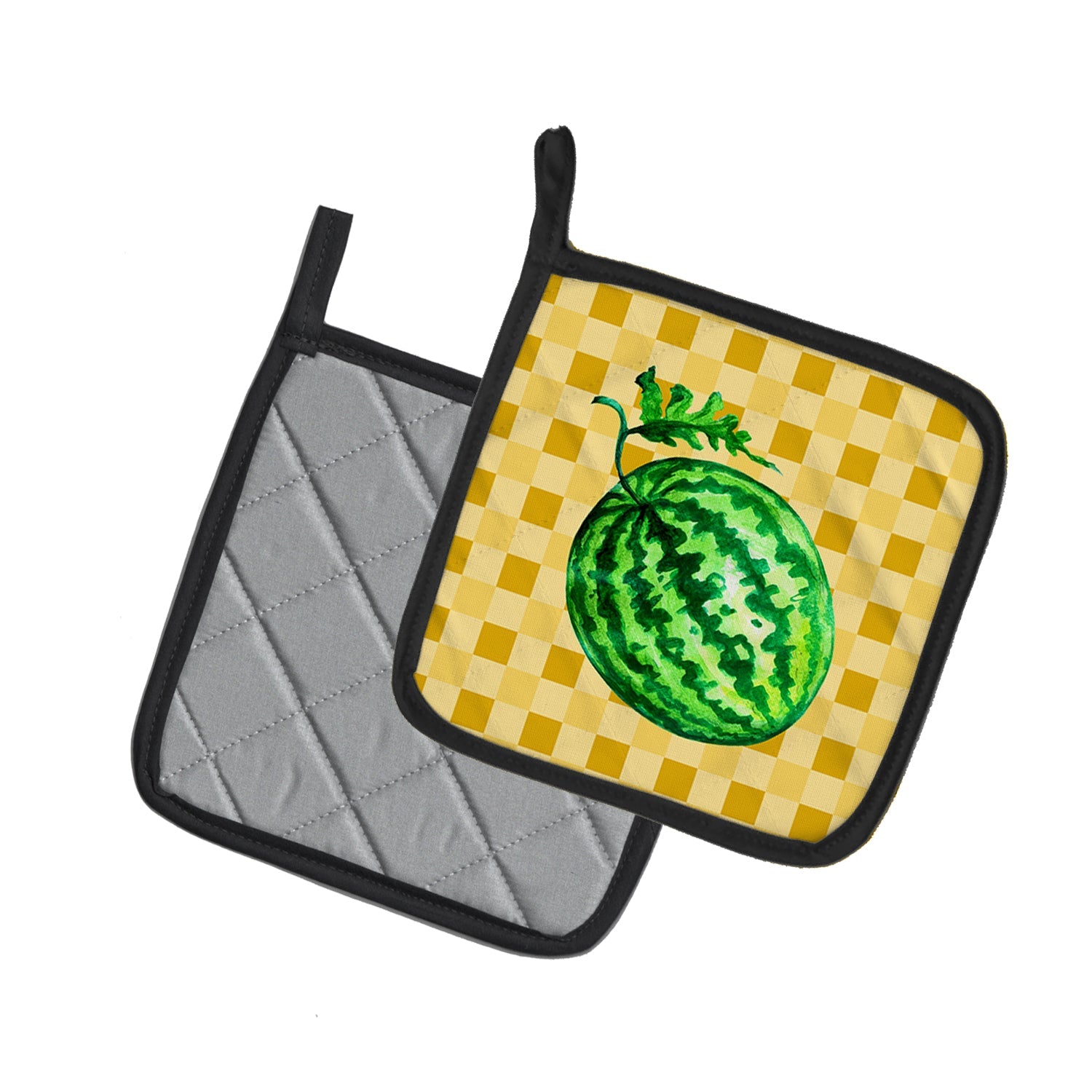 Whole Watermelon on Basketweave Pot Holder Set of 2 Heat Resistant Quilted Hot Pads 7.5 x 7.5 Inch, Insulated Kitchen Trivets for Cooking & Baking