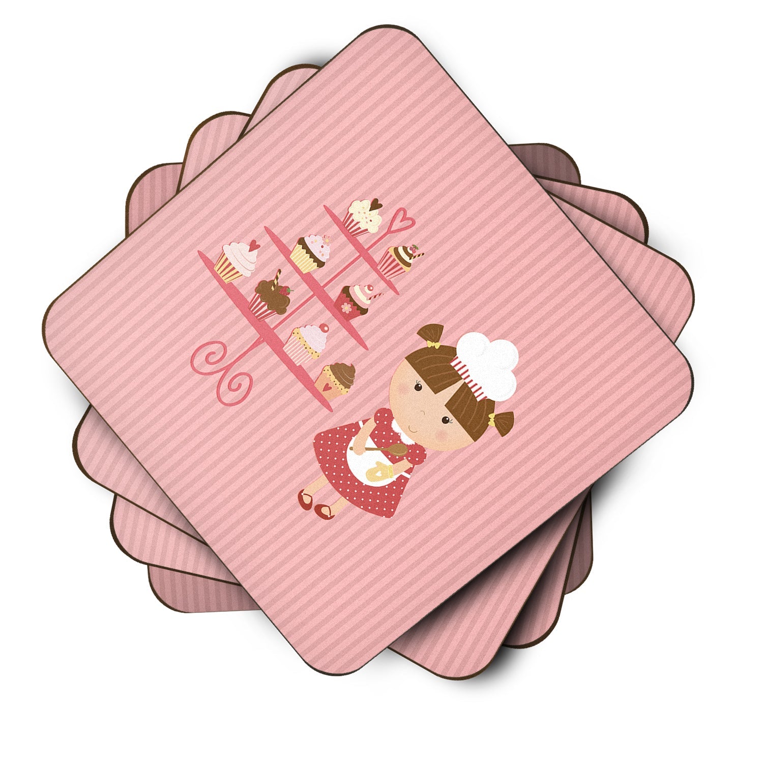 Cupcake Baker Brunette Pink Foam Coasters Set of 4 Cup Coasters for Indoor Outdoor, Tabletop Protection, Anti Slip, Mouse pad Material
