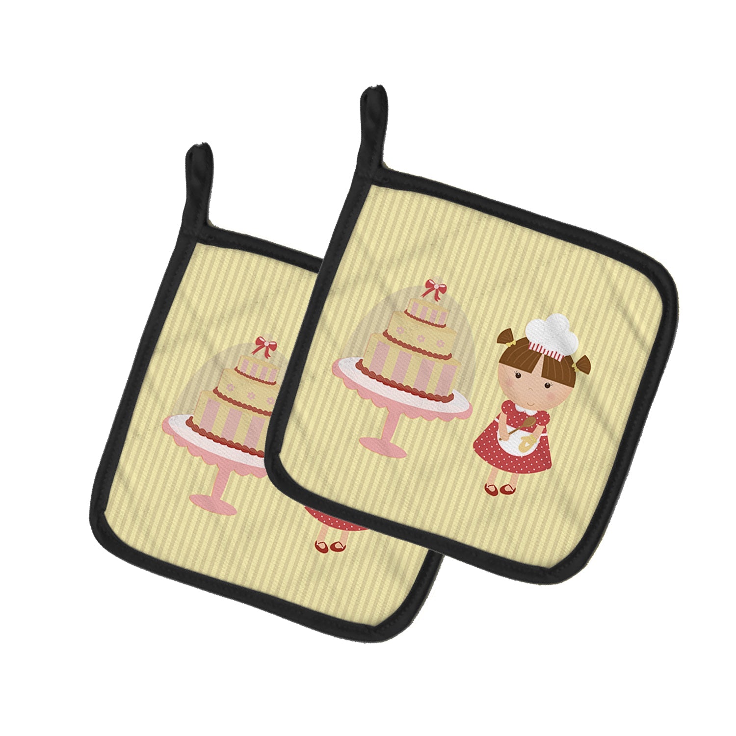Cake Baker Brunette Yellow Pot Holder Set of 2 Heat Resistant Quilted Hot Pads 7.5 x 7.5 Inch, Insulated Kitchen Trivets for Cooking & Baking